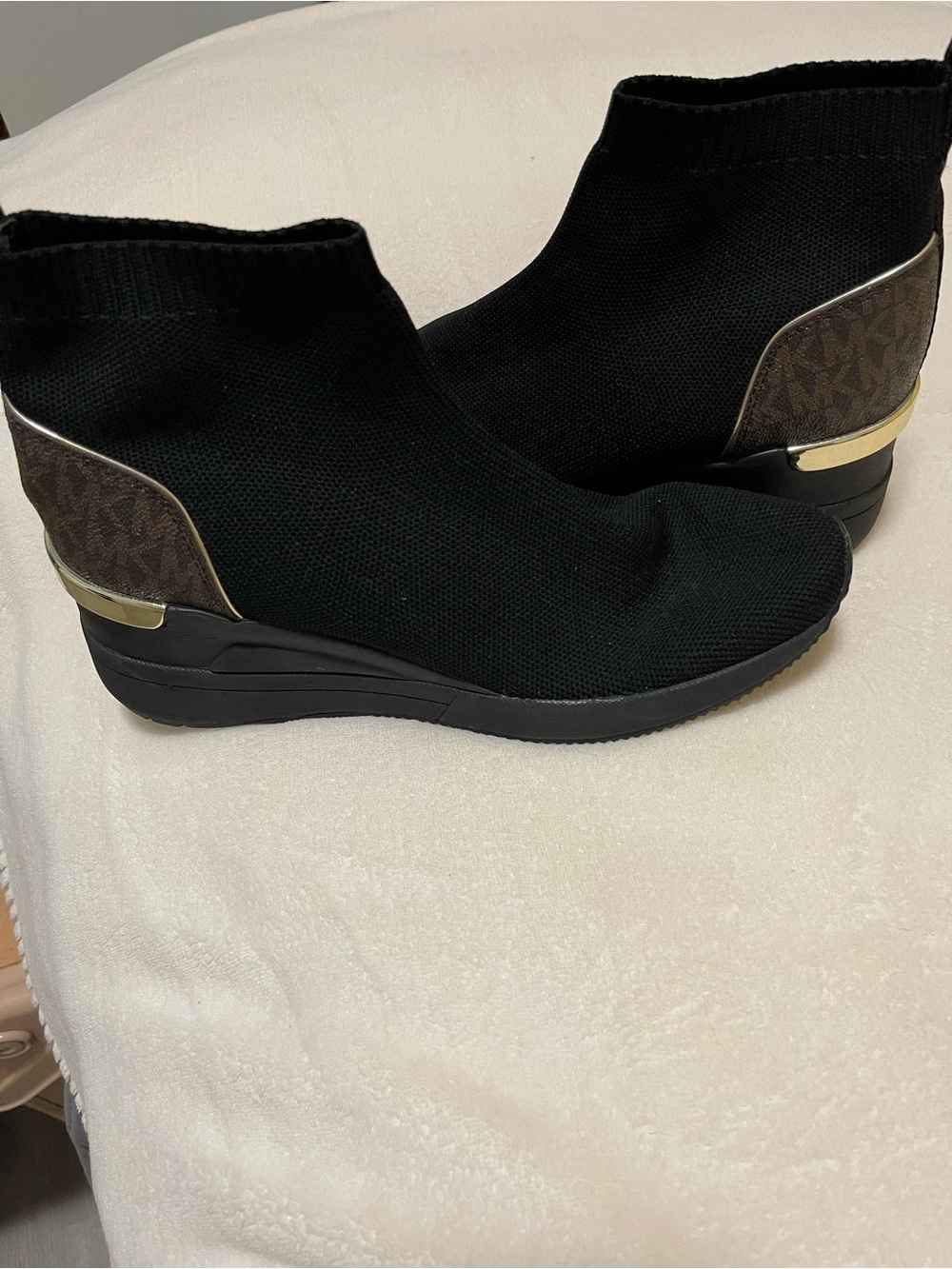 Michael Kors Black Knit Wedge Ankle Booties with Brown Logo Heel and Gold Accent